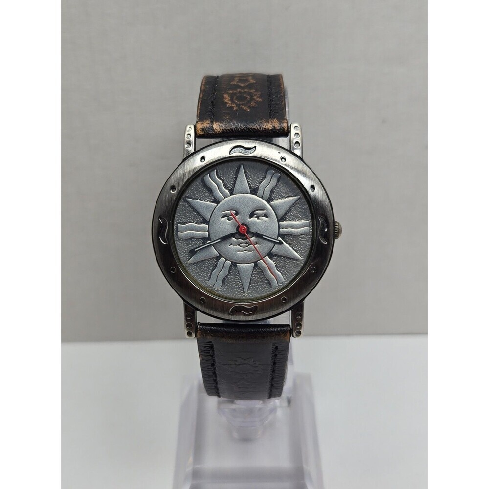 Vintage CS Ltd Hong Kong Celestial Sun Face Quartz Watch New Battery Brown Strap